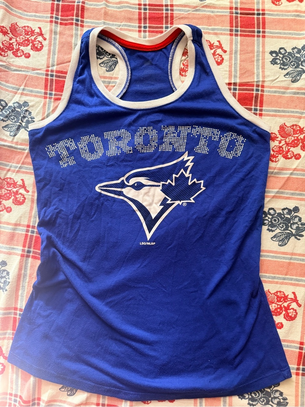 MLB Royal Blue Toronto Rhinestone Racerback Tank with some rhinestones missing